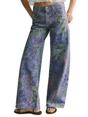 NWOT Free People We The Free Alter Ego Printed Wide Leg Twist Jeans Purple Paisl
